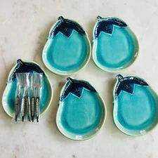 Turquoise Fused Crackle Glass Eggplant Appetizer Plates and Forks Set of 5