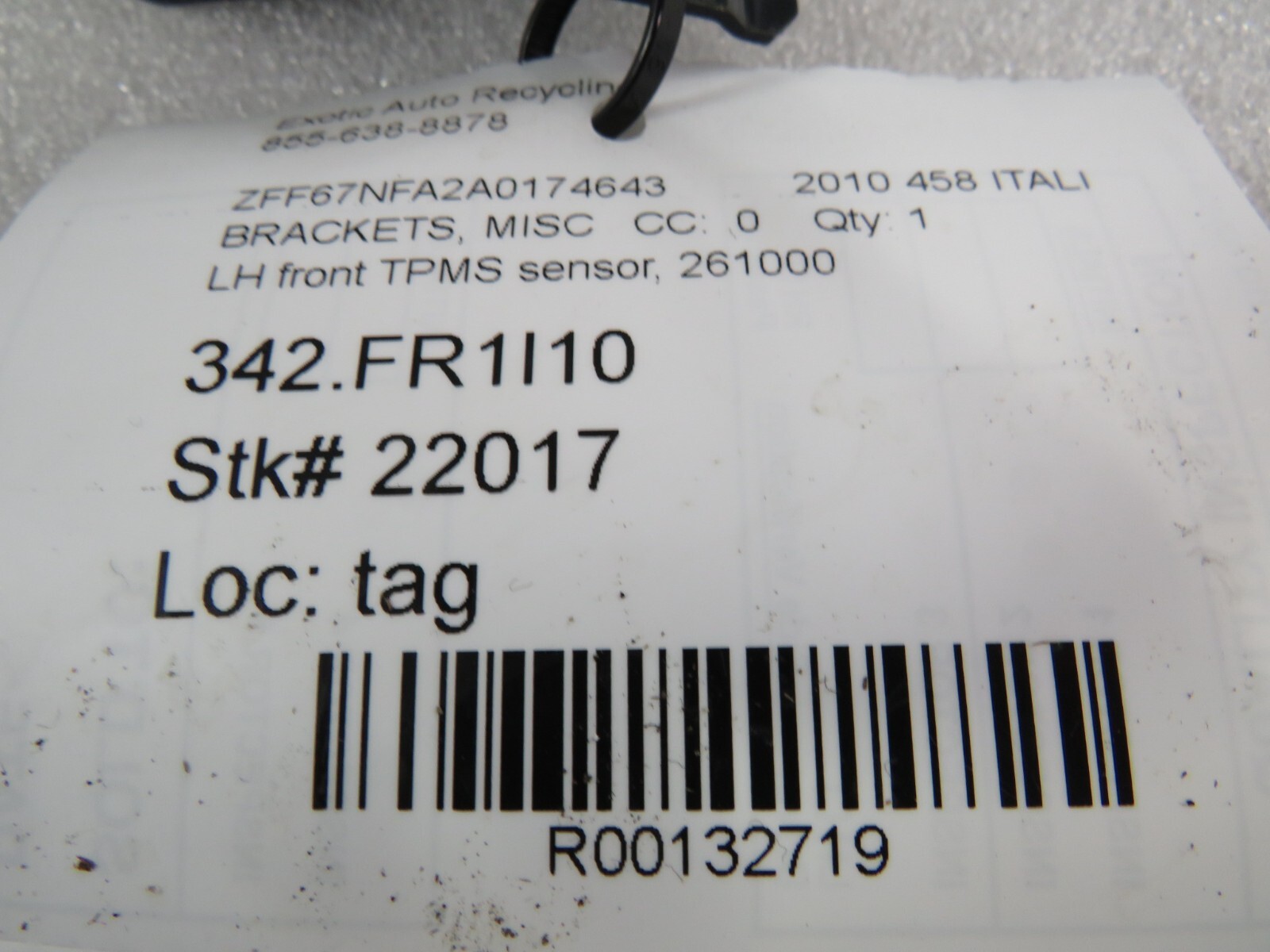 Ferrari 458 Italia, Spider, LH, Left, Front TPMS Bracket, Used, P/N 261000