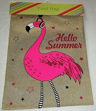 TROPICAL BURLAP YARD FLAG 12"x 18" PINK FLAMINGO/HELLO SUMMER Double Sided 