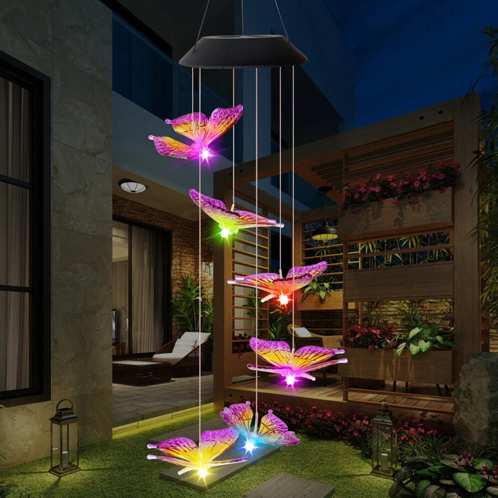 LED Solar Wind Chime Butterfly Light Color Changing IP65 Hanging