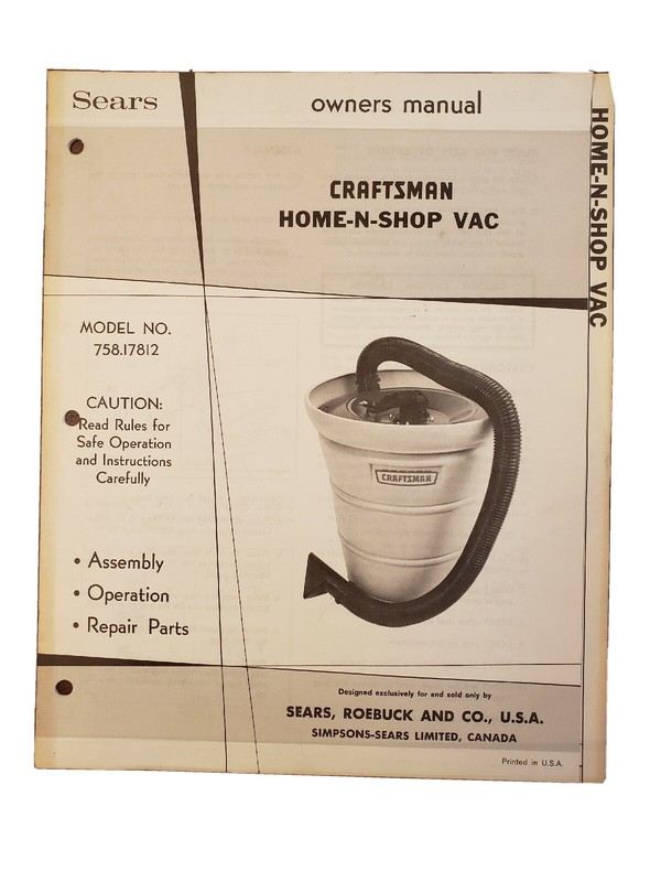 Sears Craftsman Home N Shop Vacuum 758.17812 Owners Manual Guide Booklet 1972