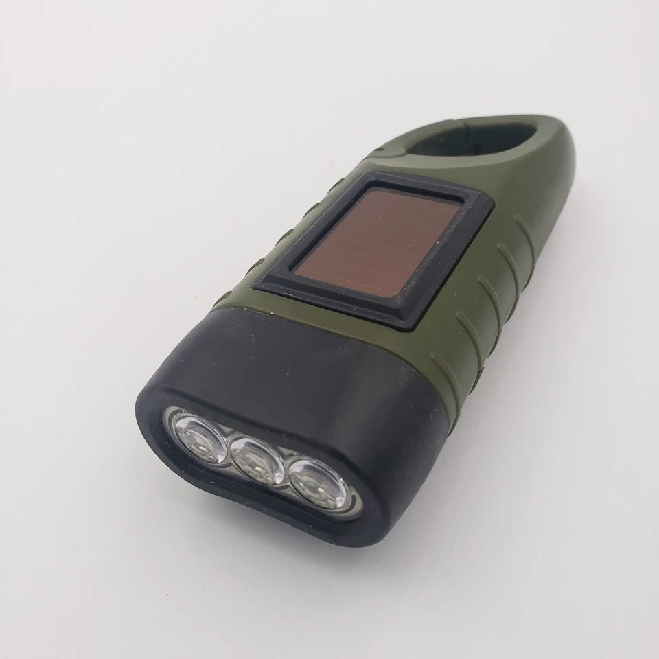 Linterna de manivela LED recargable con energía solar color verde militar 5 pulgadas Foto 2 de 4