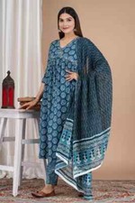 Indian Special Women Kurta Pent With Duptta Wedding Wear Pure Cotton Blue Color