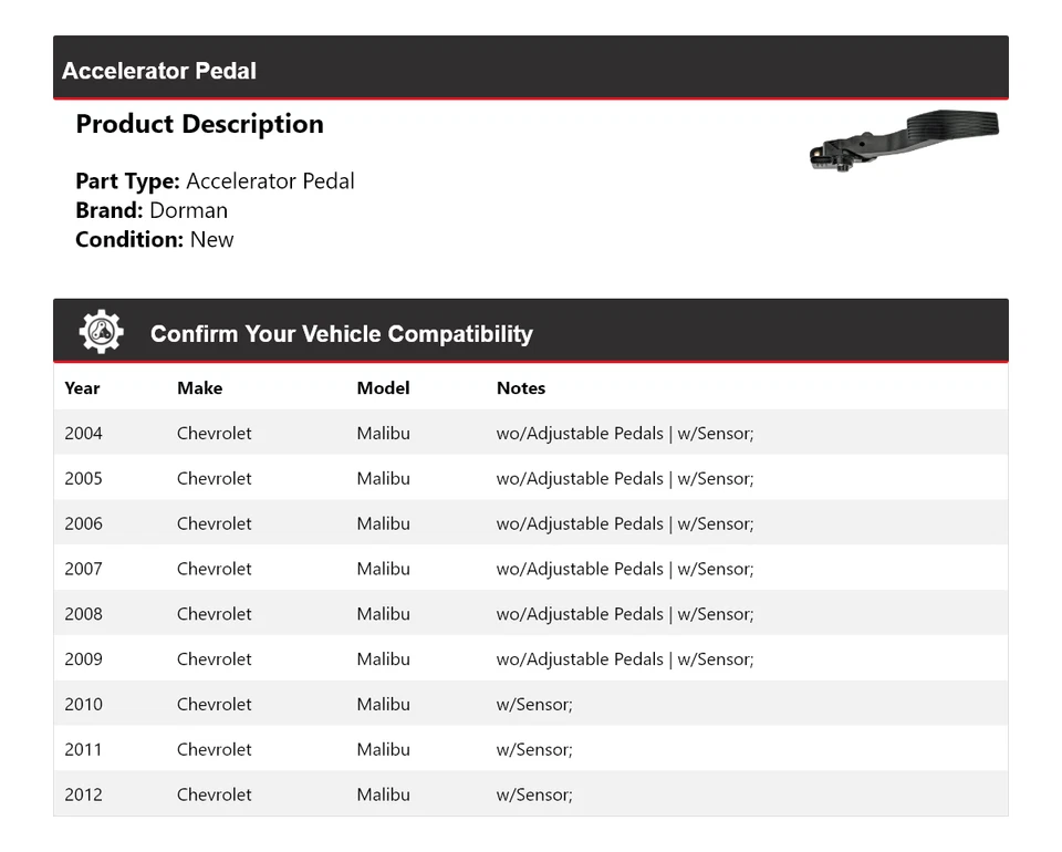 Pedal acelerador Chevrolet Malibu Dorman 2004-2012 2005 2006 2007 2008 2009 Foto 2 de 4