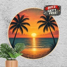 Tropical Beach Palm Tree Sunset Round Tin Sign Ocean Island Vacation Plaque 8x8