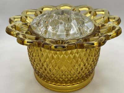 Imperial Glass Diamond Point Amber Crochet Open Lace Bowl/Vase  With Flower Frog