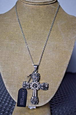 The Sovereign Fleur-de-Lis Gothic Cross Necklace in Antiqued Stainless Steel