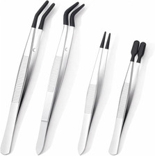 4 Pcs Rubber Tip Tweezers Set, Non-Scratch PVC Coated Tips - Fine Point, Flat 
