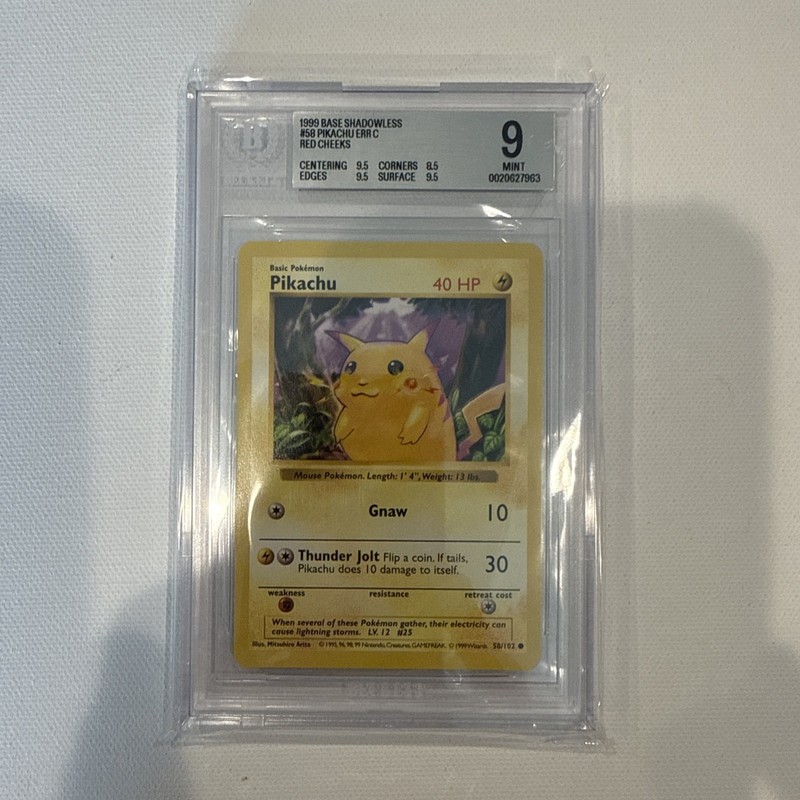 1999 Pokemon Pikachu Base Set Red Cheeks, Shadowless, #58/102 Graded Bgs9