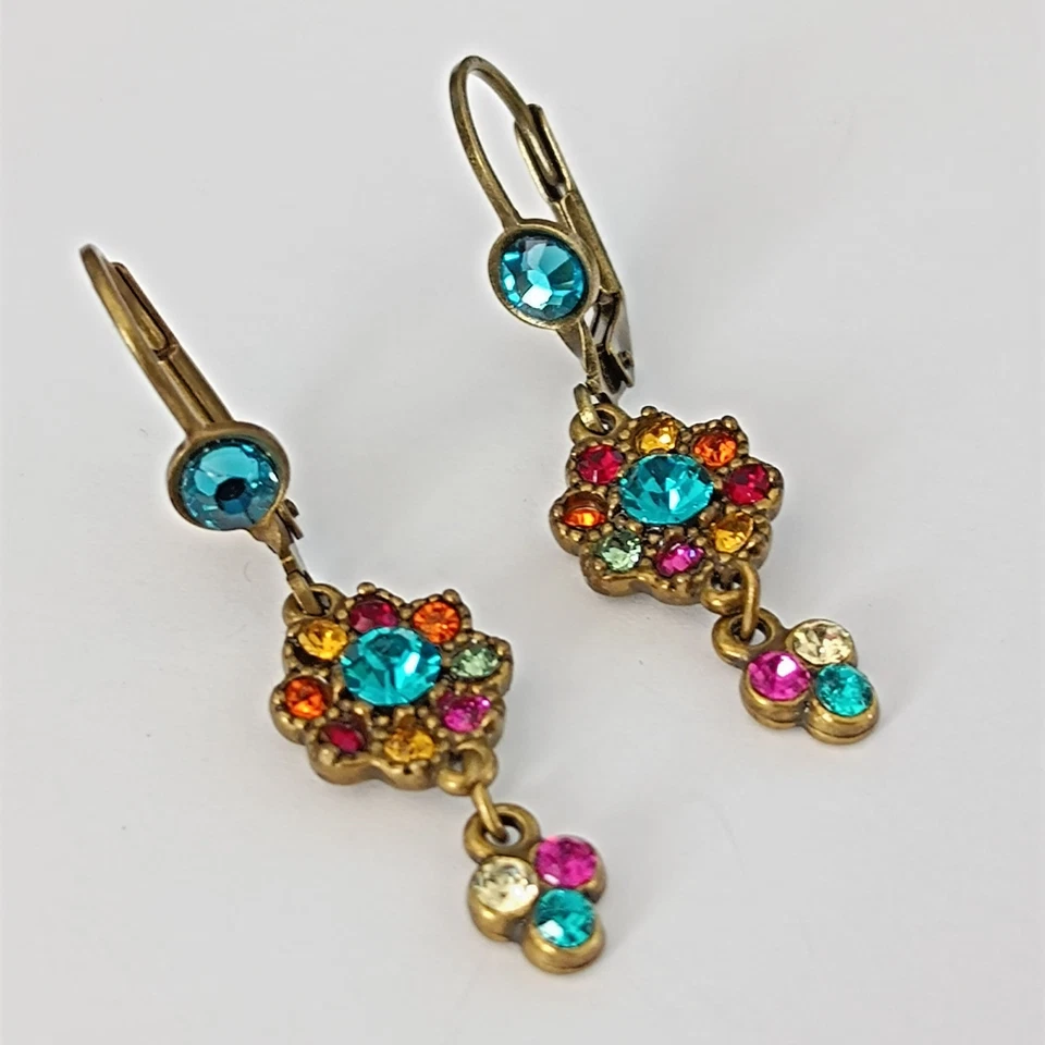 Michal Negrin Earrings Vintage Colorful Floral Made with Swarovski Crystals Gift - Imagem 2 de 4