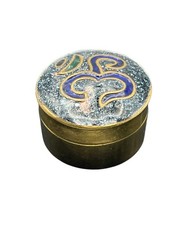 Cloissone blue green enamel OM brass gold tone round trinket pill box vintage