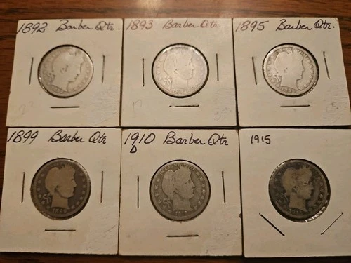 Barber Quarter Lot of 6 Coins 90% Silver With 1st Year Of Issue 1892