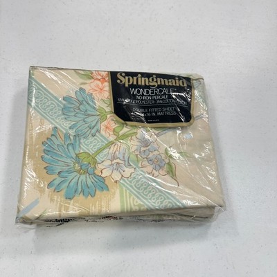 vintage springmaid double fitted sheet blue orientale  blend usa mcm retro