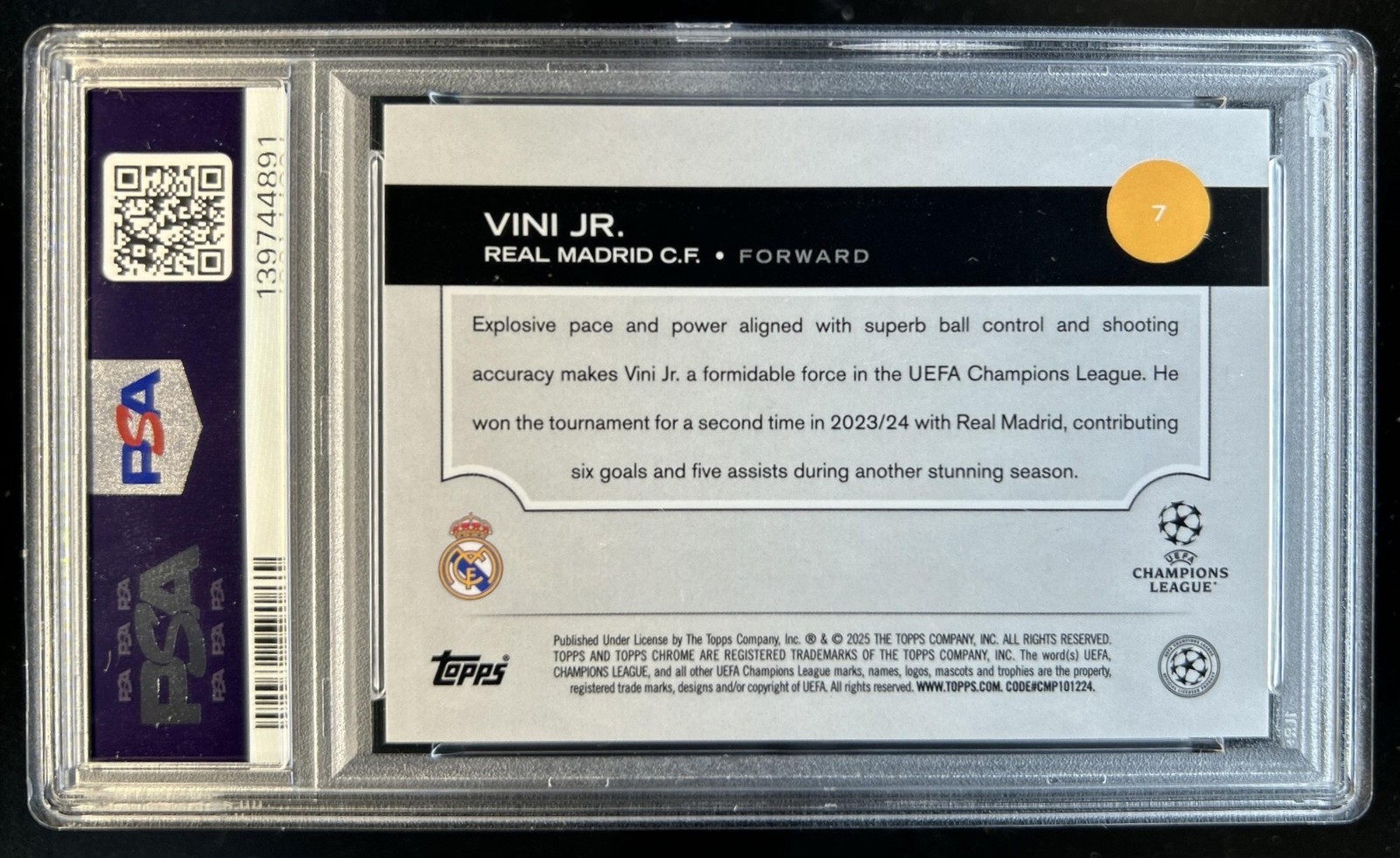 2024-25 Topps Chrome Sapphire UEFA Vini Jr. Gold #/50 Real Madrid PSA 8 view 2