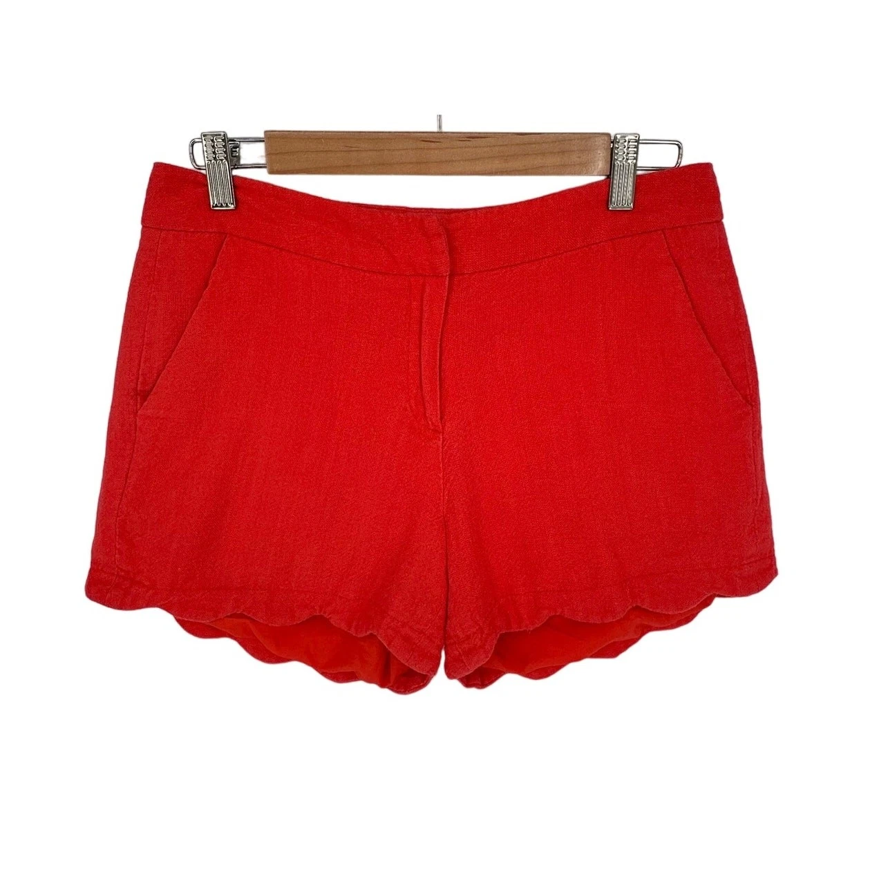 Cynthia Rowley Scalloped Linen Shorts Bright Red Chino Beach Resort Vacay Size 4