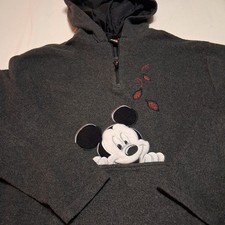 Vtg Mickey Unlimited Disney Fleece Hoodie 1/4 Zip Grey Embroidered Peek-A-Boo Lg