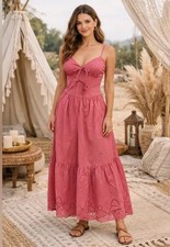 Moon River Pink Cotton Eyelet Midi Dress NWT Size S Bow Detail Cottagecore
