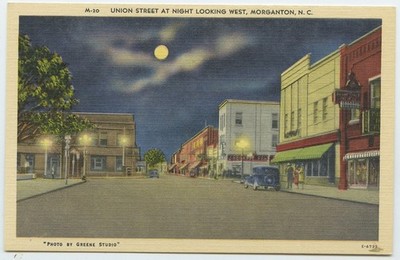 Morgantown NC Union Street at night looking West Vintage Postcard North Carolina