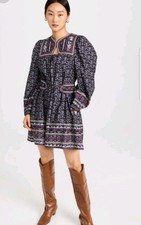 Sea New York Perry Border Puff Sleeve Mini Peasant Dress Sz 0 XXS Floral Boho 