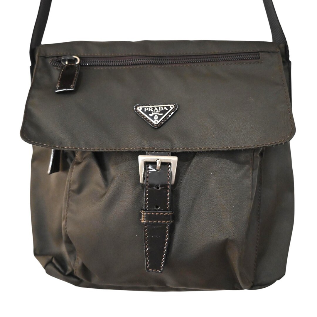 PRADA Logo Plate Nylon Leather Shoulder Bag Brown T2512 k016