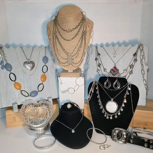 Costume Jewelry Lot & Trinket Box - Mixed Materials - Silver Theme - VTG to New