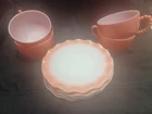 Set of 4 Vtg Hazel Atlas Milk Glass Pink Crinoline Rippled Teacup & Saucer CLEAN