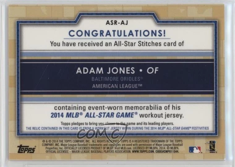 2014 Topps Update All-Star Stitches Gold /50 Adam Jones #ASR-AJ - Image 2 of 2