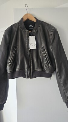 NWT Zara Charcoal Faux Leather Bomber Jacket Size S
