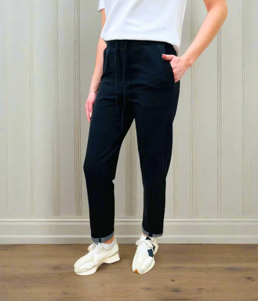 Joggers Women Cotton Rich Dark Denim Stretch Straight Leg Elastic Waist Trousers - Image 4 of 4