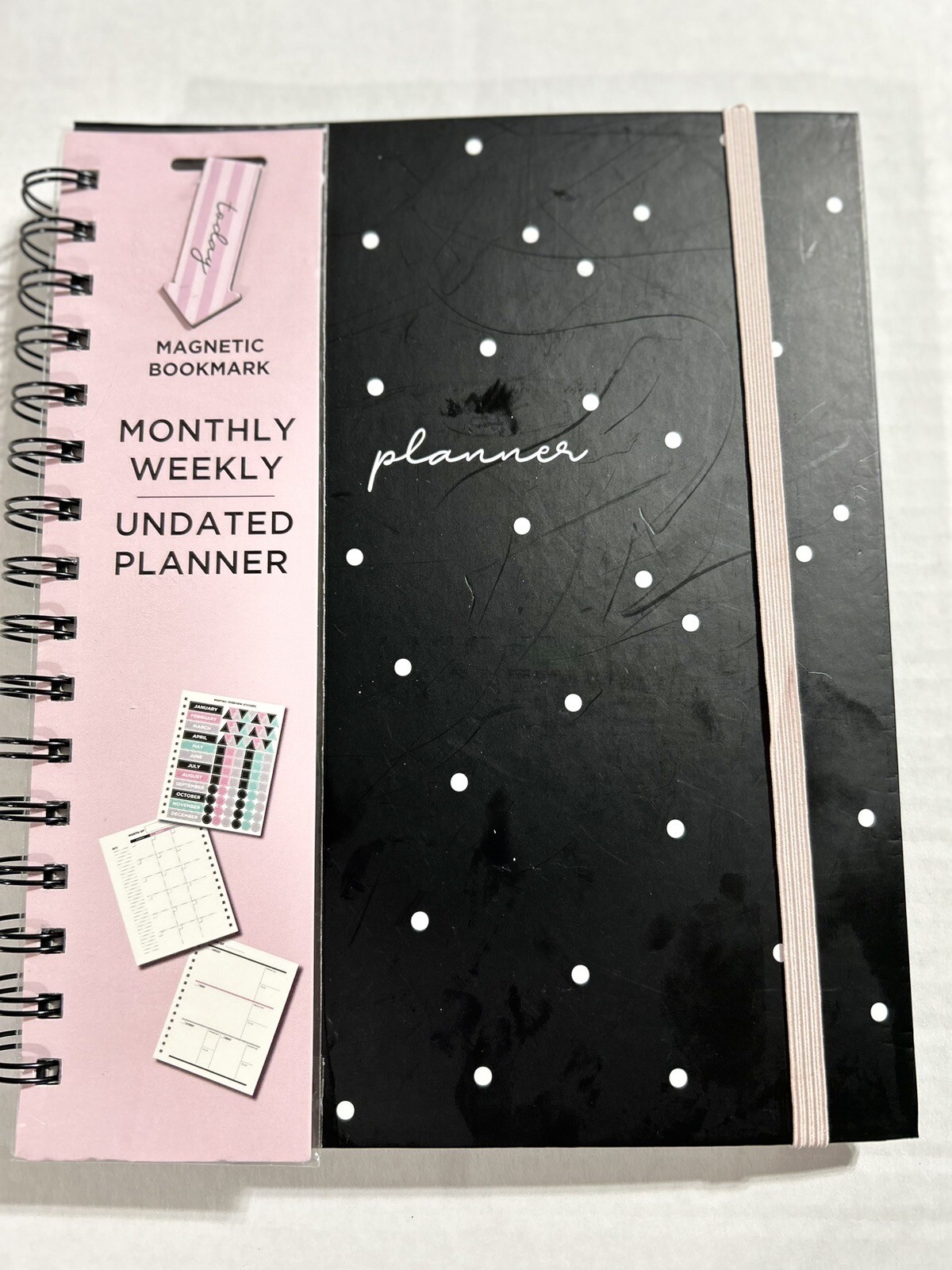 Planner Calendar Monthly Weekly Undated Black Pink Polka Dot New Magnetic Marker-image