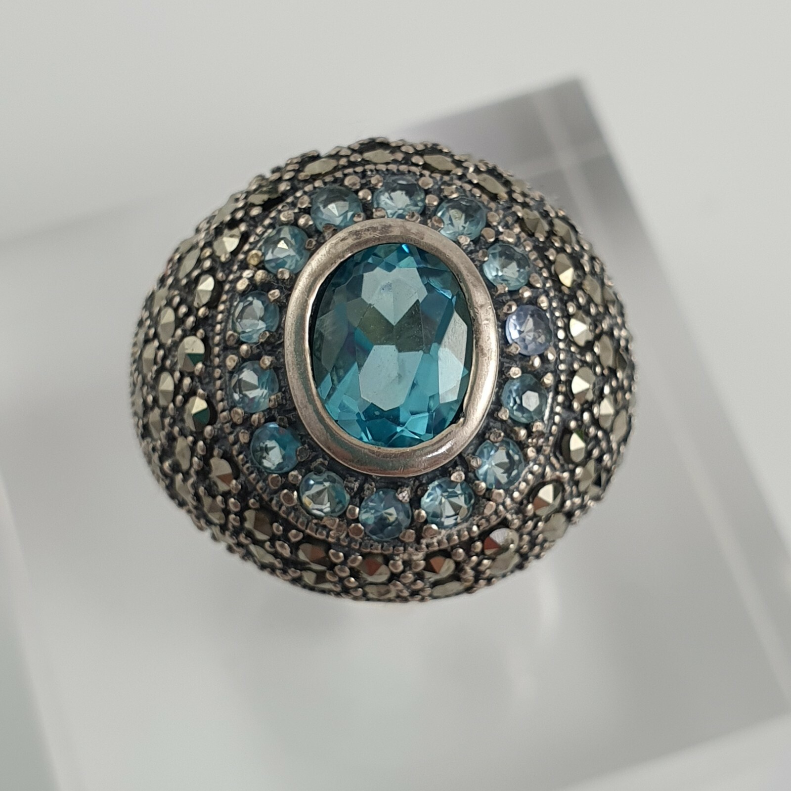 Sterling Silver Ring with CZ and Marcasite stones Size K 9g ~ faux topaz. , R249