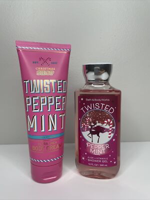 Bath & Body Works TWISTED PEPPERMINT Shea Body Cream 8 oz and Shower Gel 10 oz