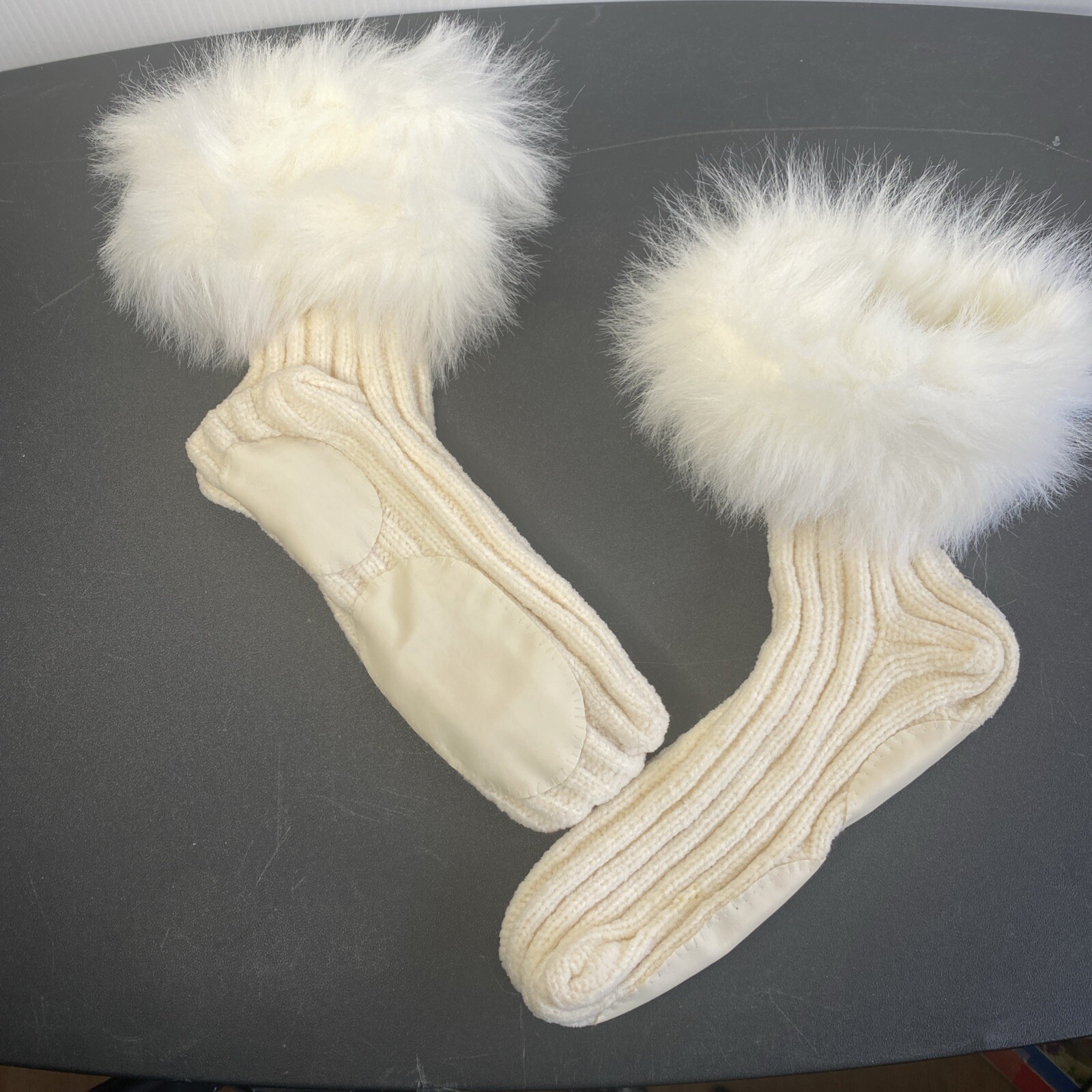 SAOLA Ciabatta Sox pelliccia sintetica polsino bordo misto lana maglia a coste avorio suola pelle sottile