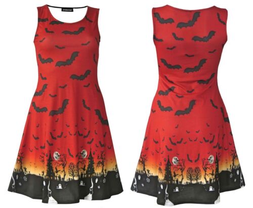 Halloween Red Orange Ombre Bats Spooky Cat Grim Reaper Haunted House Flare Dress - Picture 1 of 4