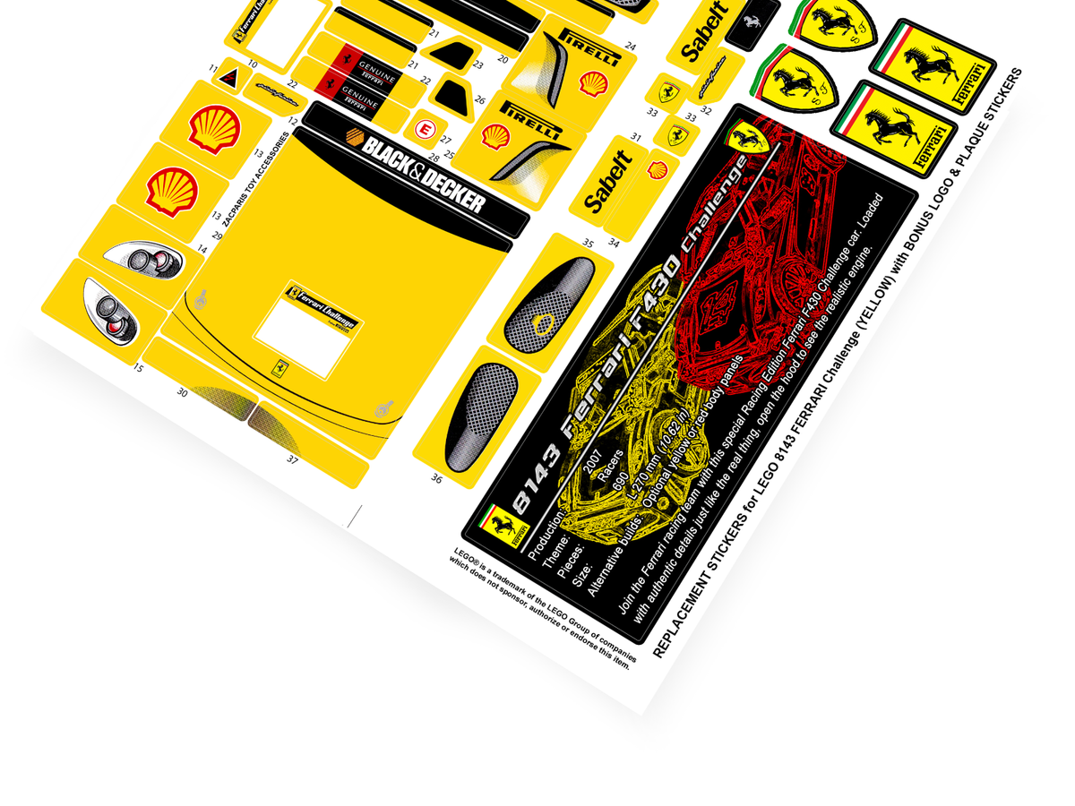 CUSTOM STICKERS for TOY Set 8143 Ferrari F430 Challenge Yellow