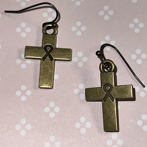 Bronze Tone Cross with Engraved Ribbon Charm Dangle Earrings. Christian. S854 - Picture 2 of 3
