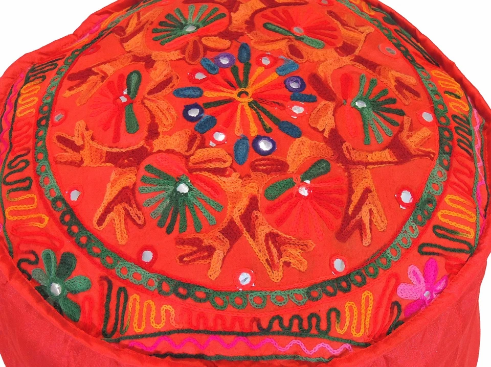 Red Round Pouf Footstool Cover Floral Embroidery Floor Ottoman Slipcover 16" - Image 2 of 3