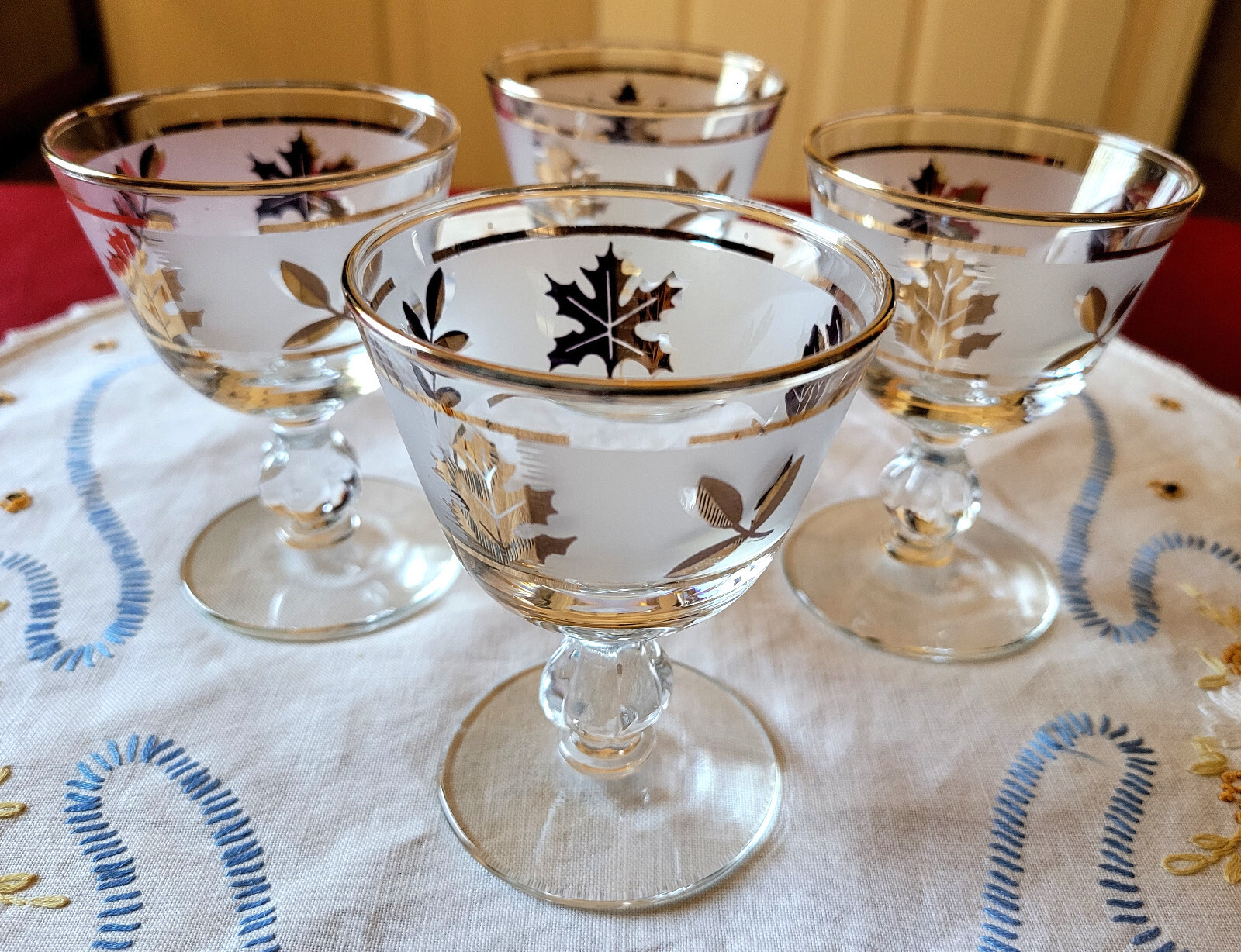 4 VTG Libbey *GOLDEN FOLIAGE* 3 7/8" Frosted LIQUOR / COCKTAIL Glasses 1953-1978