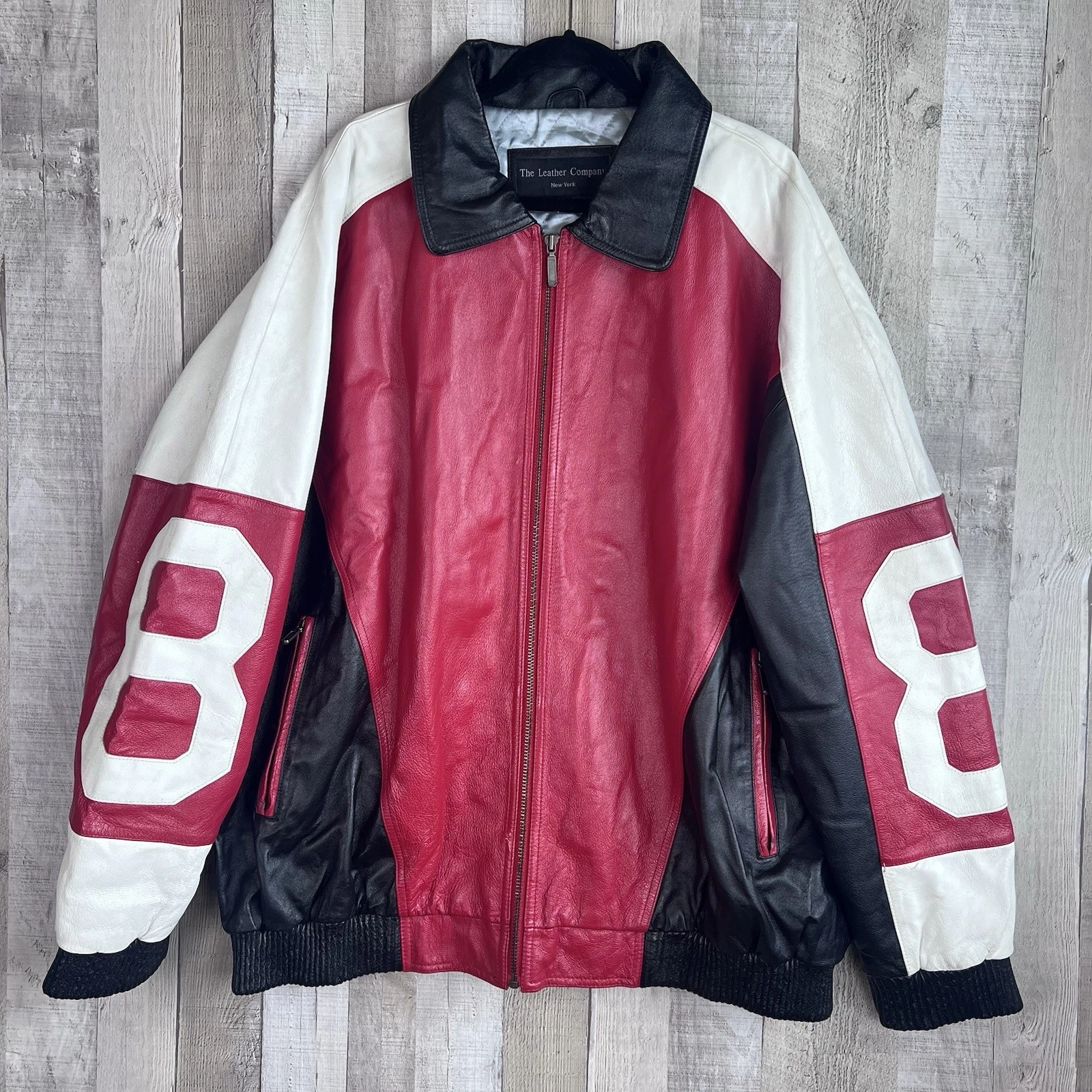 Vintage 90s 8 Ball Leather Bomber Jacket Red White Seinfeld Streetwear Size 3XL