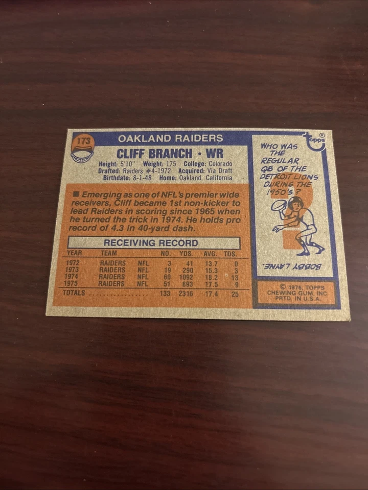 1976 Topps - Cliff Branch #173 Oakland Raiders - Image 2 of 2