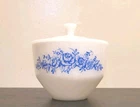 Vintage Federal Milk Glass Mixing Bowl Blue Wild Roses w/Lid USA 2.5" Quart HTF