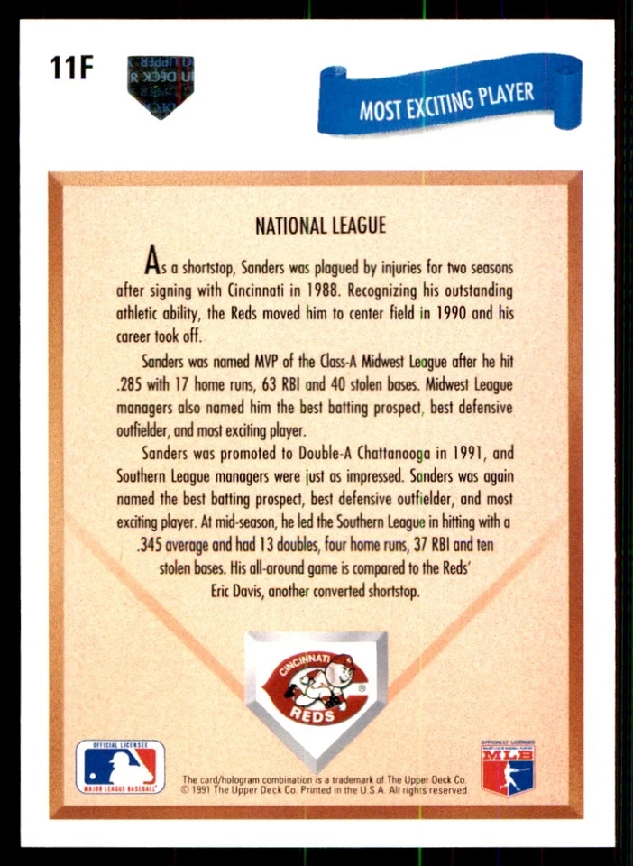 1991 Upper Deck Final Edition Reggie Sanders Cincinnati Reds #11F - Image 2 of 2