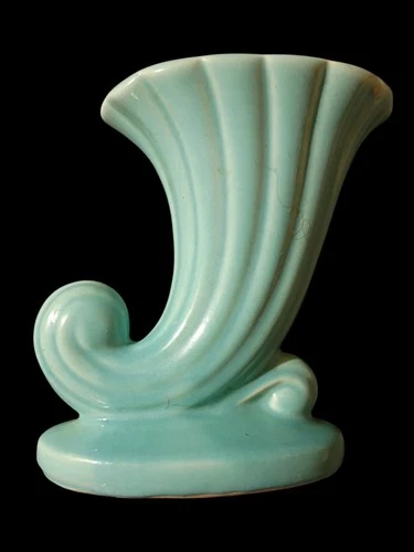 Vintage 6.5" Shawnee Pottery Turquoise Cornucopia Vase