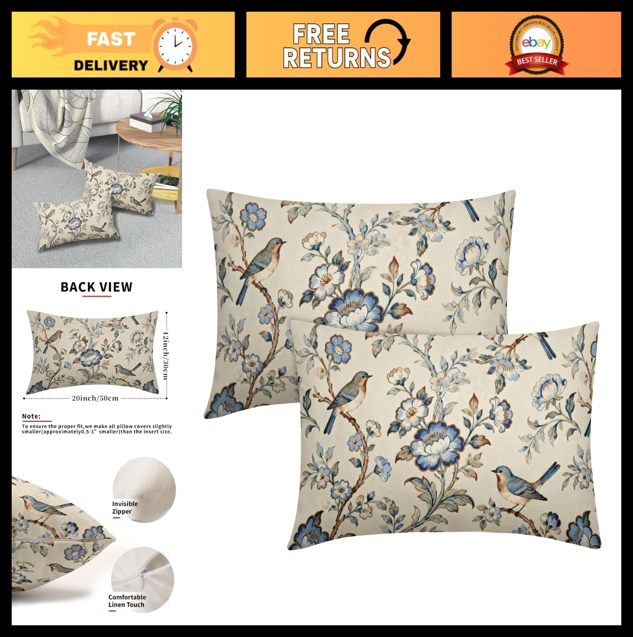 Chinoiserie Bird Pillow Covers 12x20 Set of 2, Vintage Floral Lumbar Cushion Cas