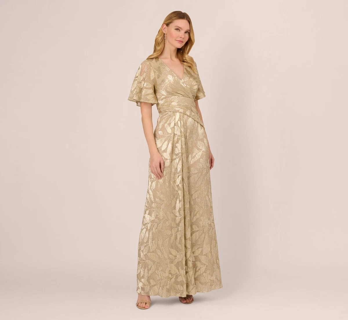 Vestido drapeado de hojas de aluminio para mujer ADRIANNA PAPELL, oro champán, talla 4 EE. UU.