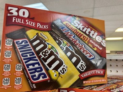 C andy Bars Full Size 30 Ct M&M's Snickers Skittles Starburst Variety