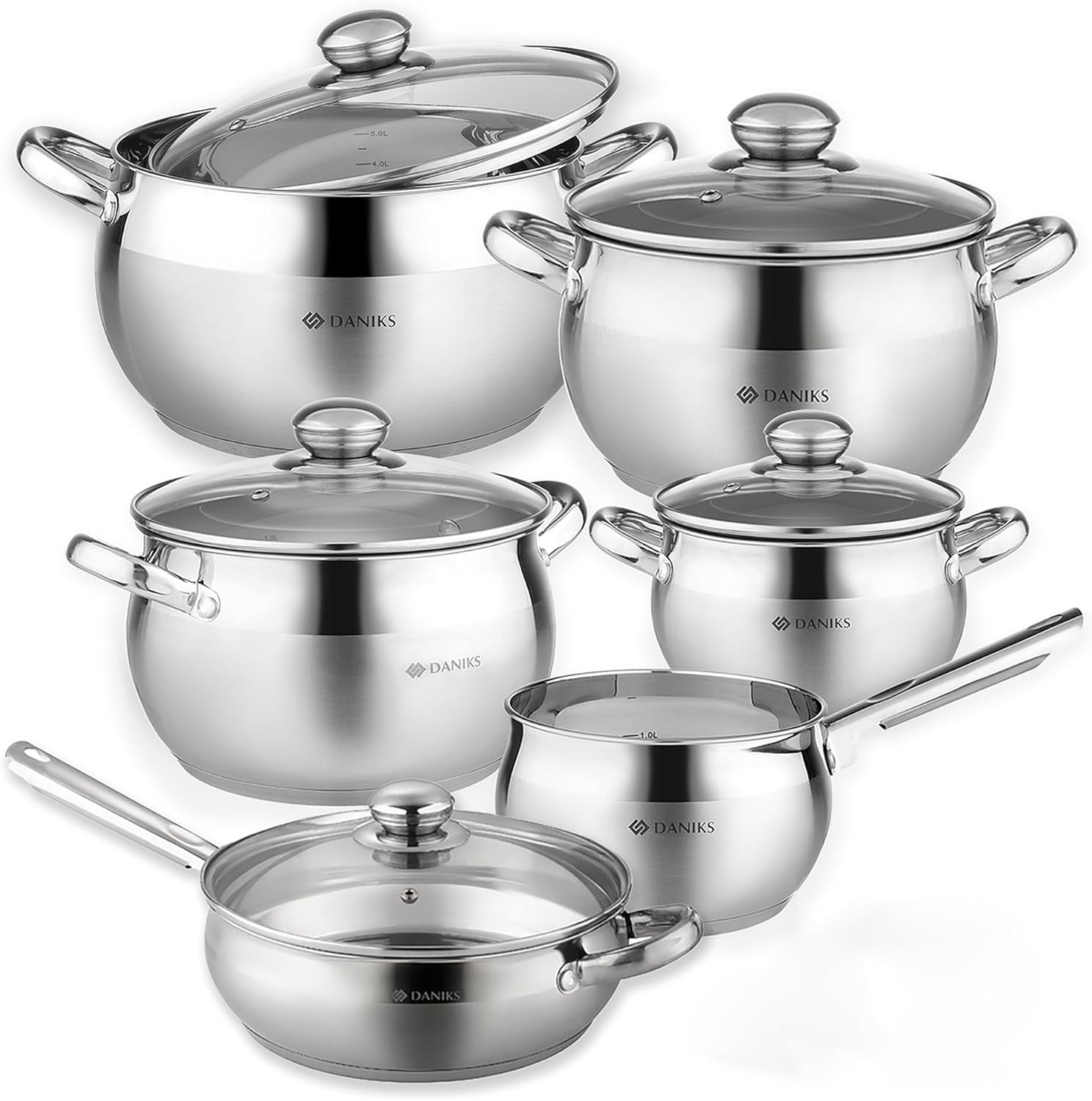 12-11 Piece Stainless Steel Cookware Set Glass Lids