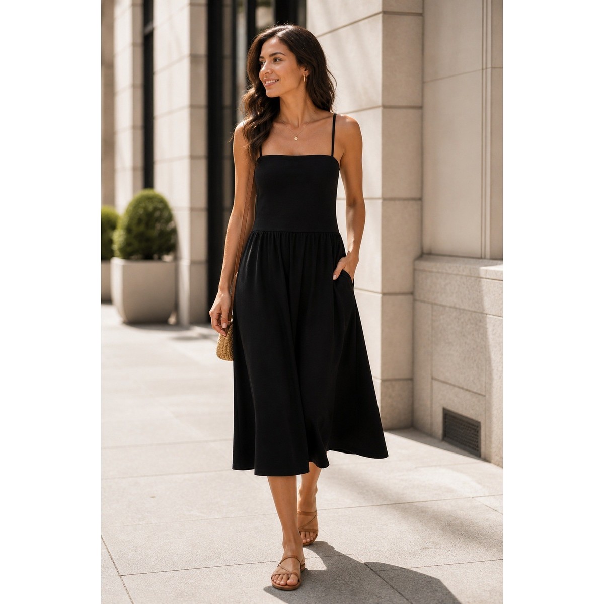 Reformation Lilo Dress XL Black Knit Midi Spaghetti Strap Drop Waist  Minimalist