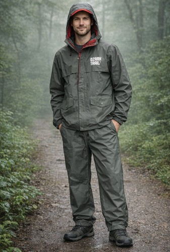 Ozark Trail Rain Suit Men’s XL Waterproof PVC Jacket Pants Green Set Fishing