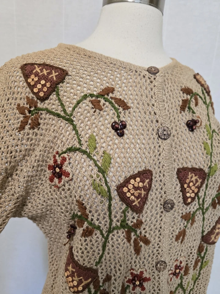 Cárdigan suéter tejido abierto beige bordado a mano vintage años 90 para mujer Foto 2 de 4